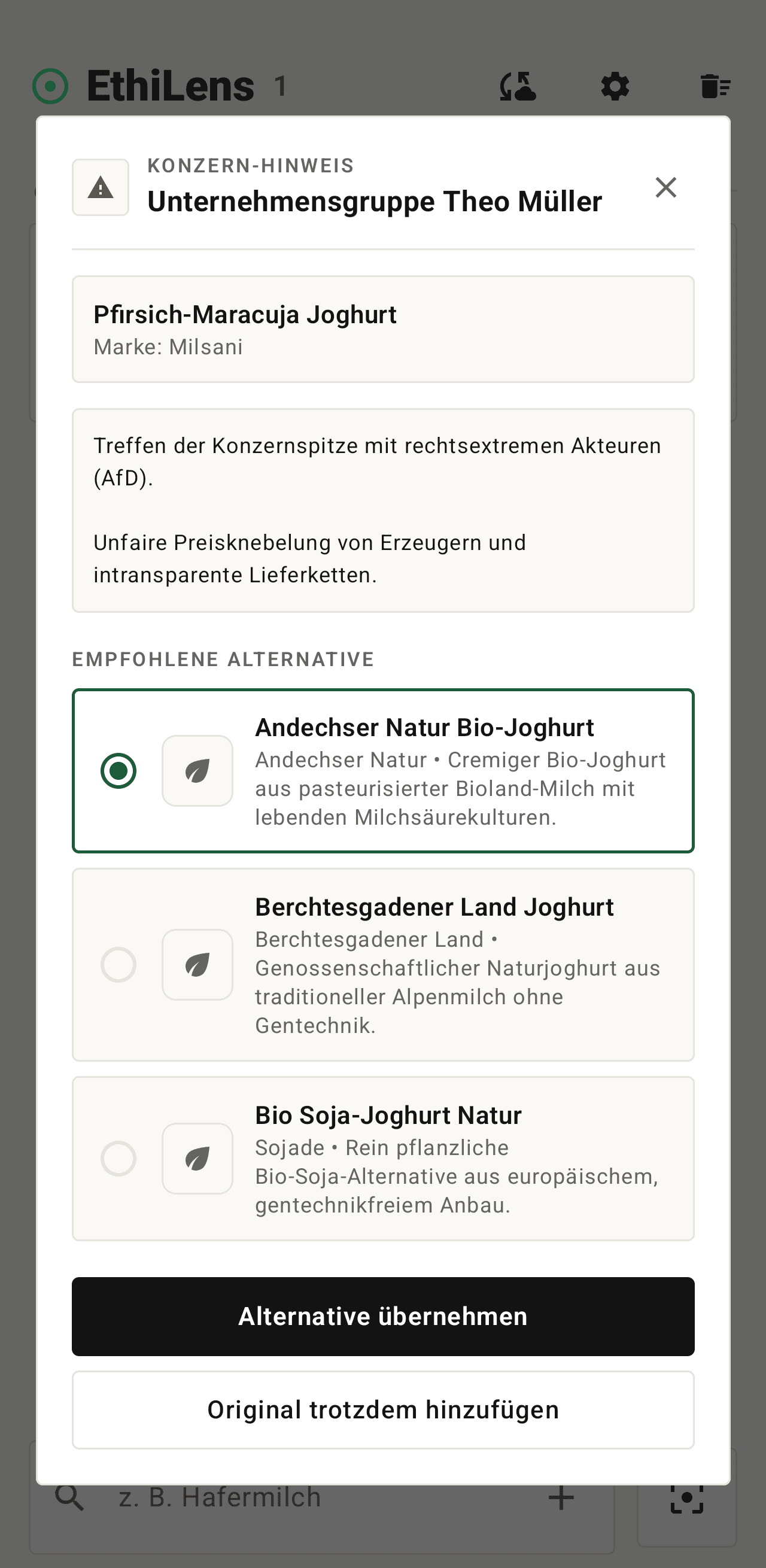 EthiLens Barcode-Scan mit Produktinformationen und Einordnung